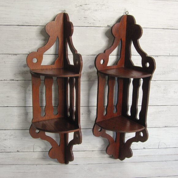 Vintage MCM Corner Wooden 2 Tier Shelf Lot Brown Knick Knack Wall Mount - Picture 1 of 6